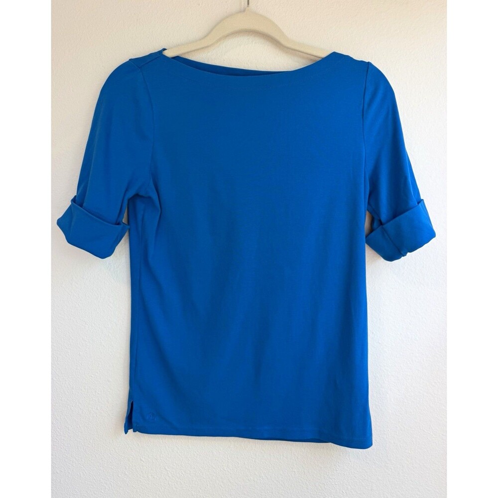 Lauren Ralph Lauren Women's L Blue Solid Knit Boat Neck Short Sleeve Stretch Tee